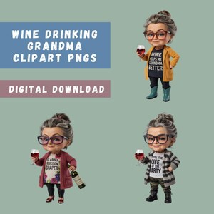 Clipartbundel wijndrinkende oma, 15 grappige oma's, 3D-stijl, wijnsublimatie, oma-illustraties, senioren drinken, transparante png-bestanden