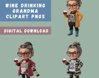 Wine Drinking Granny Clipart Bundle, 15 Funny Grandmas, 3D Style, Wine Sublimation, Nana Clip Art, Seniors Drinking, Transparent PNGs