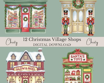 Christmas Village Clipart Bundle, 12 Watercolor Winter House Illustrations, Holiday Sublimation, Village Shop Borders, Transparent PNGs