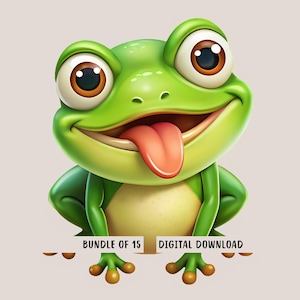 Cute Frog PNG Clipart Bundle, 15 Adorable Frog Images, Frog Sublimation, Funny Frog Illustrations, Nursery Decor, Wall Art, Transparent PNGs