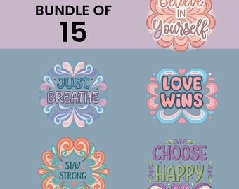 Inspirational Quotes Clipart Bundle, 15 Retro Positive Quotes, T-shirt Designs, Planner Stickers, Scrapbook, Junk Journal, Transparent PNGs