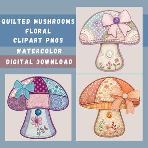 Lot de 15 cliparts champignon matelassé aquarelle florale champignon vénéneux graphiques Cottagecore sublimation couture Floral Nature PNG transparents