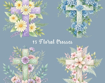 Christian Cross PNG Bundle, 15 Floral Cross Illustrations, Religious PNGs, Shirt Designs, Sublimation Cross, Transparent