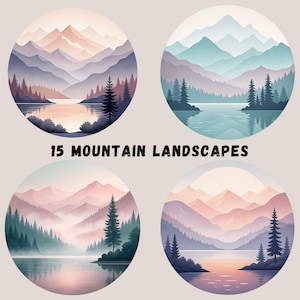 Mountain Landscapes Clipart Bundle, 15 Watercolor Landscapes, Mountain Sublimation, Landscape Illustrations, Minimalist Art, Transparent PNG