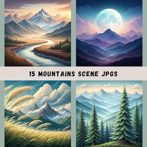 Mountain Scenes JPG Bundle, 15 Watercolor Mountain Illustrations, High Quality JPGs, Landscape Images, Lakes, Rivers, Mountains, Wildflowers
