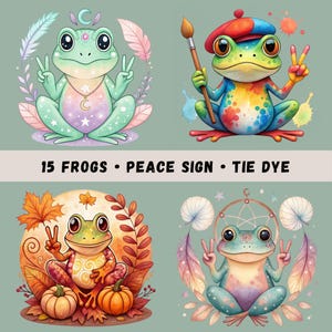 Hippie Frog PNGs Clipart, 15 Peace Sign Frogs, Funny Frog Sublimation, Groovy Frogs, T-shirt Designs, Kids Clip Art, Transparent PNGs