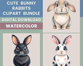 Pacchetto di clipart di conigli, 15 illustrazioni di conigli ad acquerello, clipart per bambini