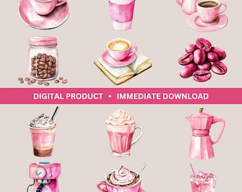 Koffieontwerpen in roze aquarelbundel, 12 koffieafbeeldingen, aquarel koffie clipart, transparante illustraties, koffieillustraties