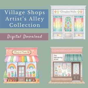 Dorfläden Clipart, 15 Aquarell-Künstlerläden, Crafty Sublimation, Läden für Kreative, wunderliche Shop-Grenze, transparente PNGs
