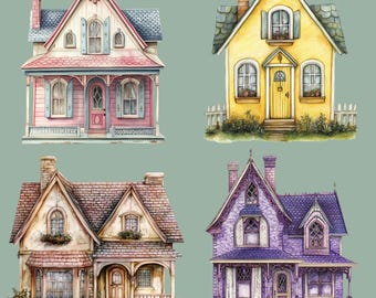 Watercolor Houses, 12 Home Designs, House Graphics, Watercolor Homes, Cottage Clip Art, Pastel House Clipart, Transparent Background