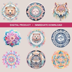 Mandala Watercolor Clipart Bundle, Wolf, Bear, Mandala Sublimation, Card Design, Junk Journal Art, Printable Wall Art, Transparent PNGs