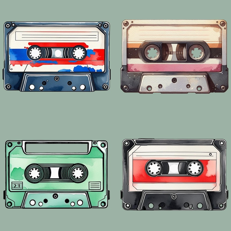 May include: Four vintage cassette tapes with different colored labels. The tapes are in various states of wear and tear, with some showing signs of age and use. The tapes are a popular collectible item for music lovers and nostalgia enthusiasts.