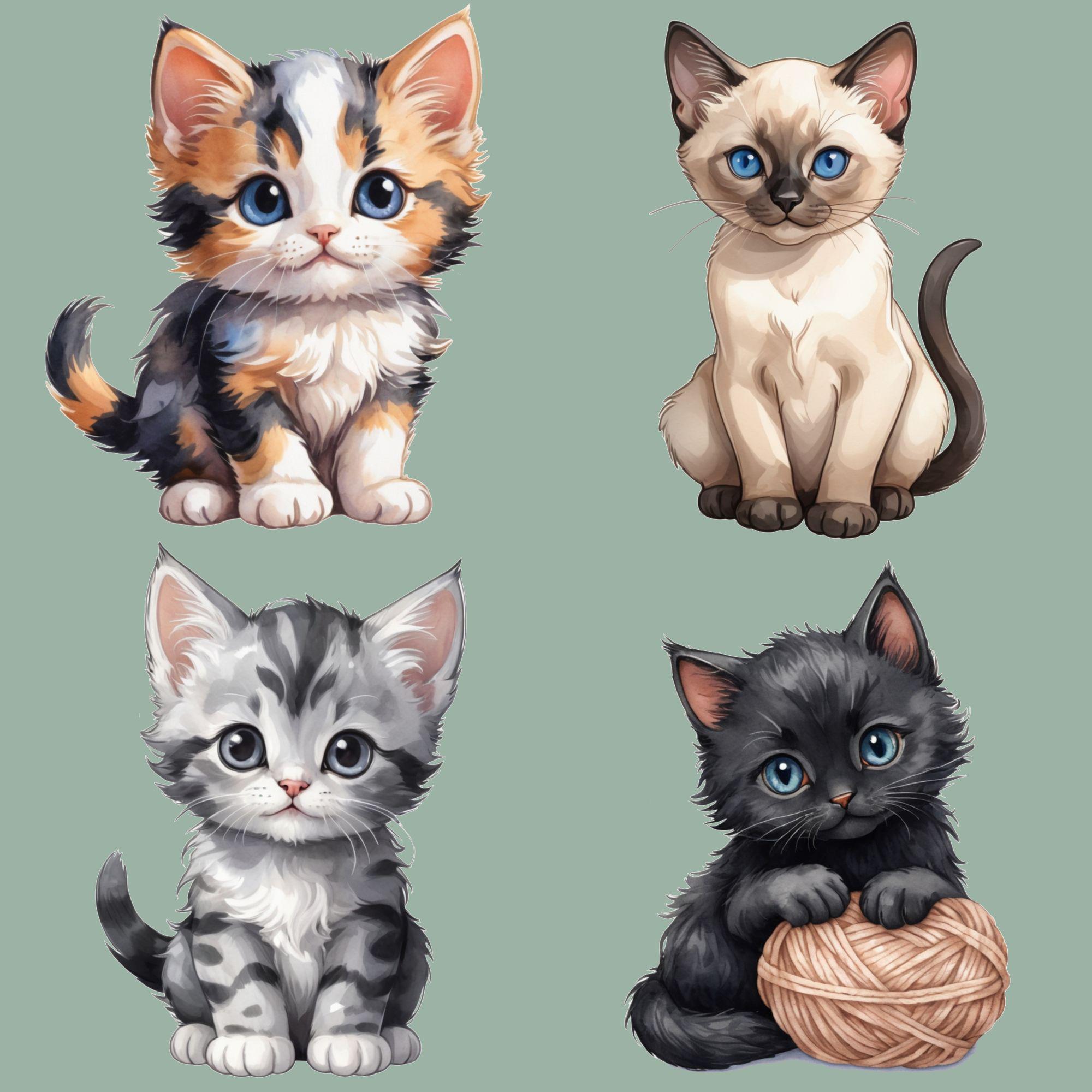 かわいい猫のクリップアート集、水彩画の子猫イラスト12点、印刷可能な
