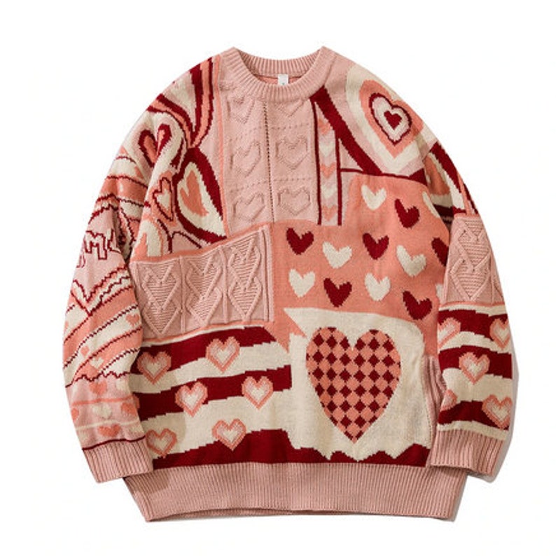 Pink Heart Sweater, Loosefit Heart Print Sweater, Valentines Sweater, Crewneck Sweater