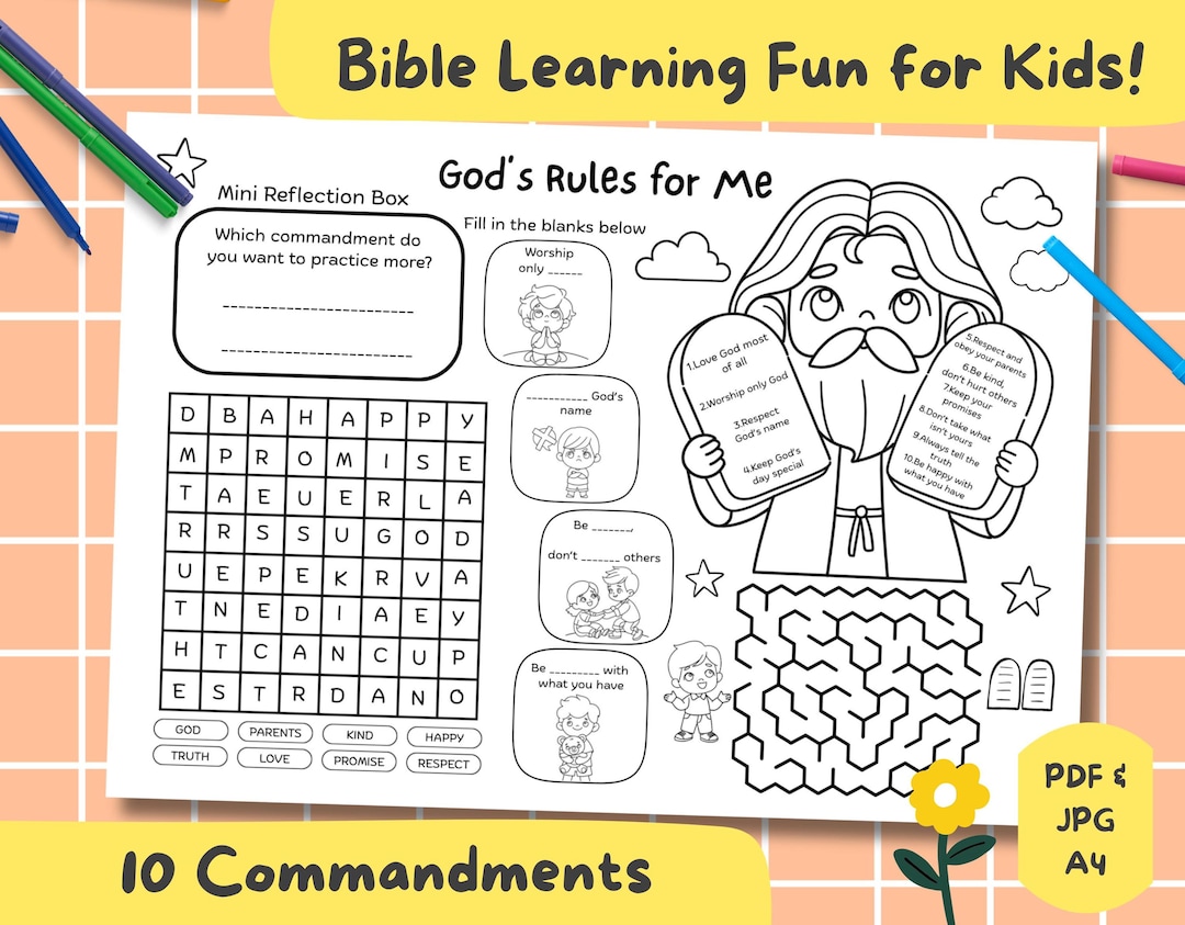 Ten Commandments Activity Sheet: Sunday School Worksheet for Kids (PDF ...