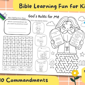 May include: A black and white activity sheet titled "God's Rules for Me" with the text "Bible Learning Fun for Kids!" features a word search, fill-in-the-blanks, and a maze. The sheet includes illustrations of children and Moses holding the Ten Commandments.