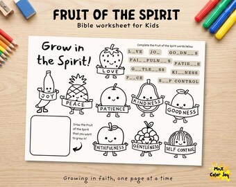 May include: A black and white printable Bible worksheet titled Fruit of the Spirit featuring line art illustrations of fruits with faces holding banners labeled with virtues like Love, Joy, Peace, Patience, Kindness, Goodness, Faithfulness, Gentleness, and Self Control.