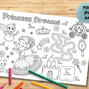 Princess Coloring Placemat: Kids Birthday Party Activity (PDF/JPEG)