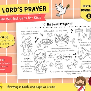 Peut inclure: Une feuille de travail biblique imprimable pour enfants avec la prière du Seigneur, avec des illustrations de pain, d'une colombe et d'enfants. Le texte comprend les phrases "La prière du Seigneur" et "Feuilles de travail bibliques pour enfants."