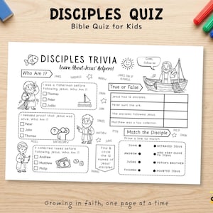 Op de afbeelding: Een zwart-wit printbaar activiteitenblad getiteld Disciples Quiz Bible Quiz for Kids. De pagina bevat trivia-vragen, waar of niet waar stellingen en koppelingsopdrachten over bijbelse figuren, geïllustreerd met lijntekeningen.