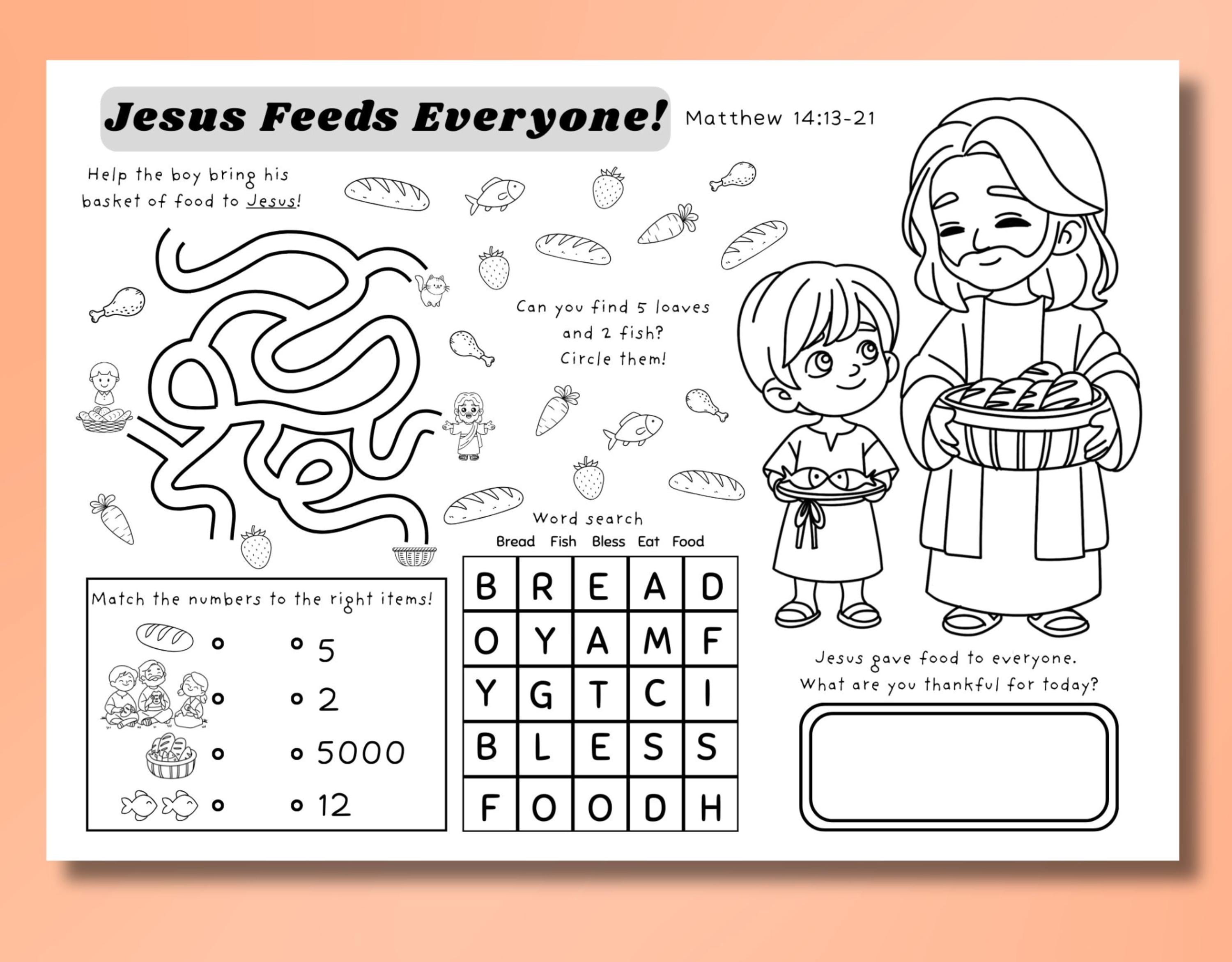 Jesus Feeds 5000 Activity Sheet: Bible Story Sunday School Worksheet ...