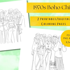 Boho Chic Ausmalbilder: 1970er Jahre Mode (PDF & JPG)