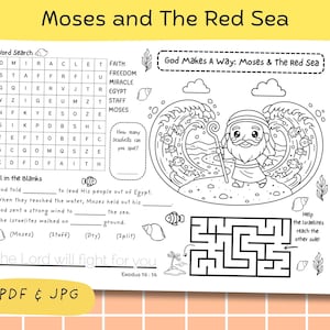 Può includere: Foglio di attività stampabile in bianco e nero intitolato "Mosè e il Mar Rosso". Presenta un cruciverba, esercizi da completare, un labirinto e un'illustrazione di Mosè che divide il Mar Rosso. Include il testo "PDF & JPG".