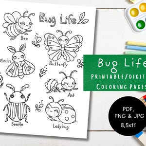 Bugs Coloring Page, Printable and Digital Cute Insect Coloring Page, Perfect for Kids, Relaxing and Fun Coloring Experience