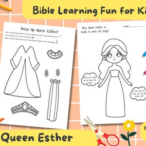 Könnte beinhalten: Zwei Malvorlagen für Kinder mit dem Text "Bible Learning Fun for Kids!" und "Queen Esther". Eine Seite zeigt eine Anzieh-Aktivität mit Kleid, Krone und Schmuck. Die andere Seite zeigt eine Cartoon-Darstellung von Königin Esther.