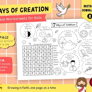 Op de afbeelding: Een afdrukbaar Bijbels werkblad voor kinderen met de titel "7 Dagen van de Schepping". Het zwart-wit activiteitenblad bevat illustraties van de zon, maan, sterren en dieren. Het bevat ook een woordzoekpuzzel en de tekst "Direct downloaden".
