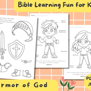 May include: Black and white line art coloring pages with the text "Bible Learning Fun for Kids!" and "Armor of God." The pages feature illustrations of a boy and girl, along with armor pieces like a helmet, shield, and sword.
