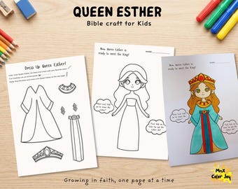 Könnte beinhalten: Ein Queen Esther Bibel-Bastelset für Kinder mit drei bedruckten Seiten. Eine Seite zeigt Kleidung und eine Krone zum Ausschneiden, eine weitere ist eine Schwarz-Weiß-Malvorlage einer Königin und die dritte ist eine farbige Version.