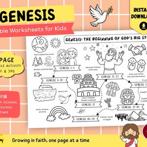 May include: A black and white printable worksheet titled "GENESIS Bible Worksheets for Kids." The worksheet features illustrations depicting scenes from Genesis, including Noah's Ark and the Tower of Babel. The text includes "1 PAGE PRINTABLE ACTIVITY PDF & JPG."