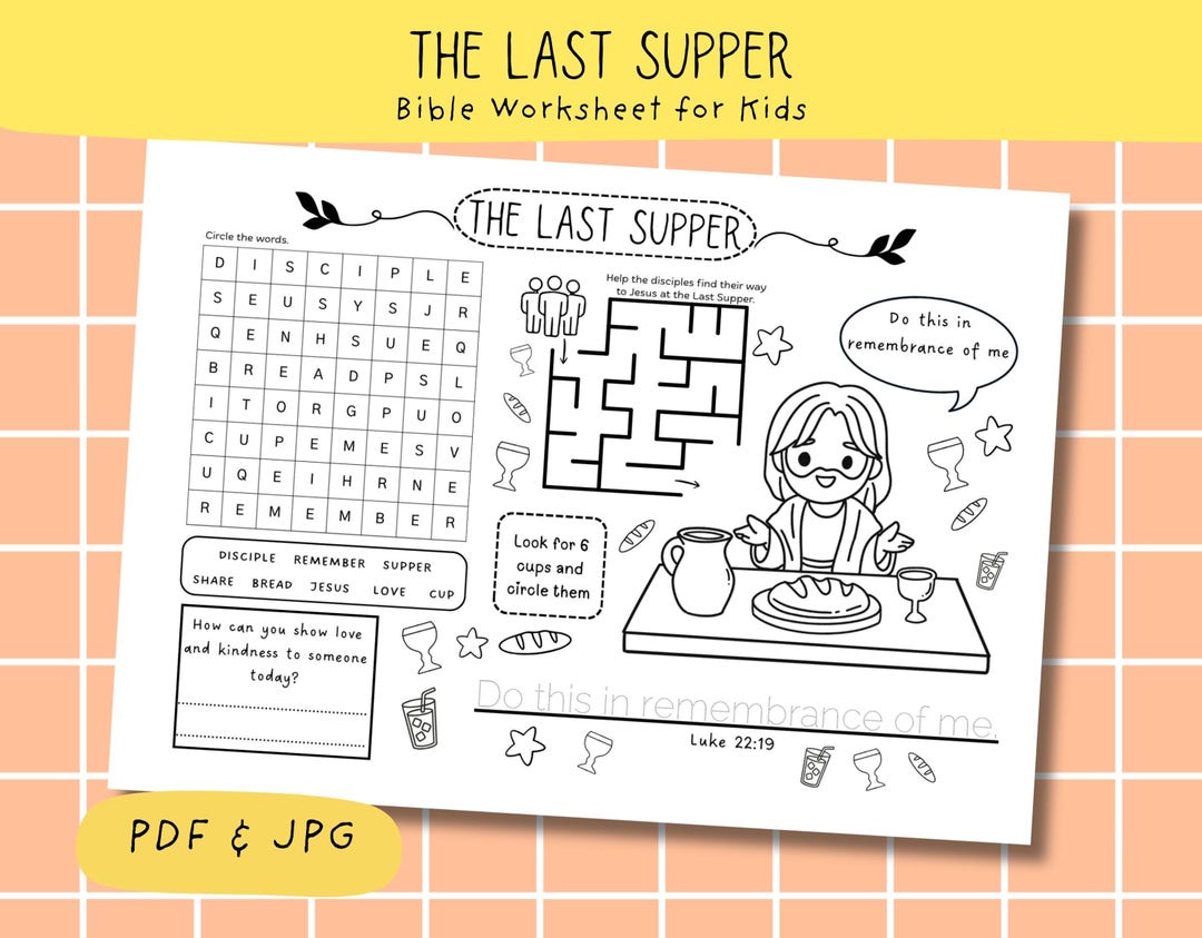 The Last Supper Bible Worksheet for Kids, Christian Activity Page ...