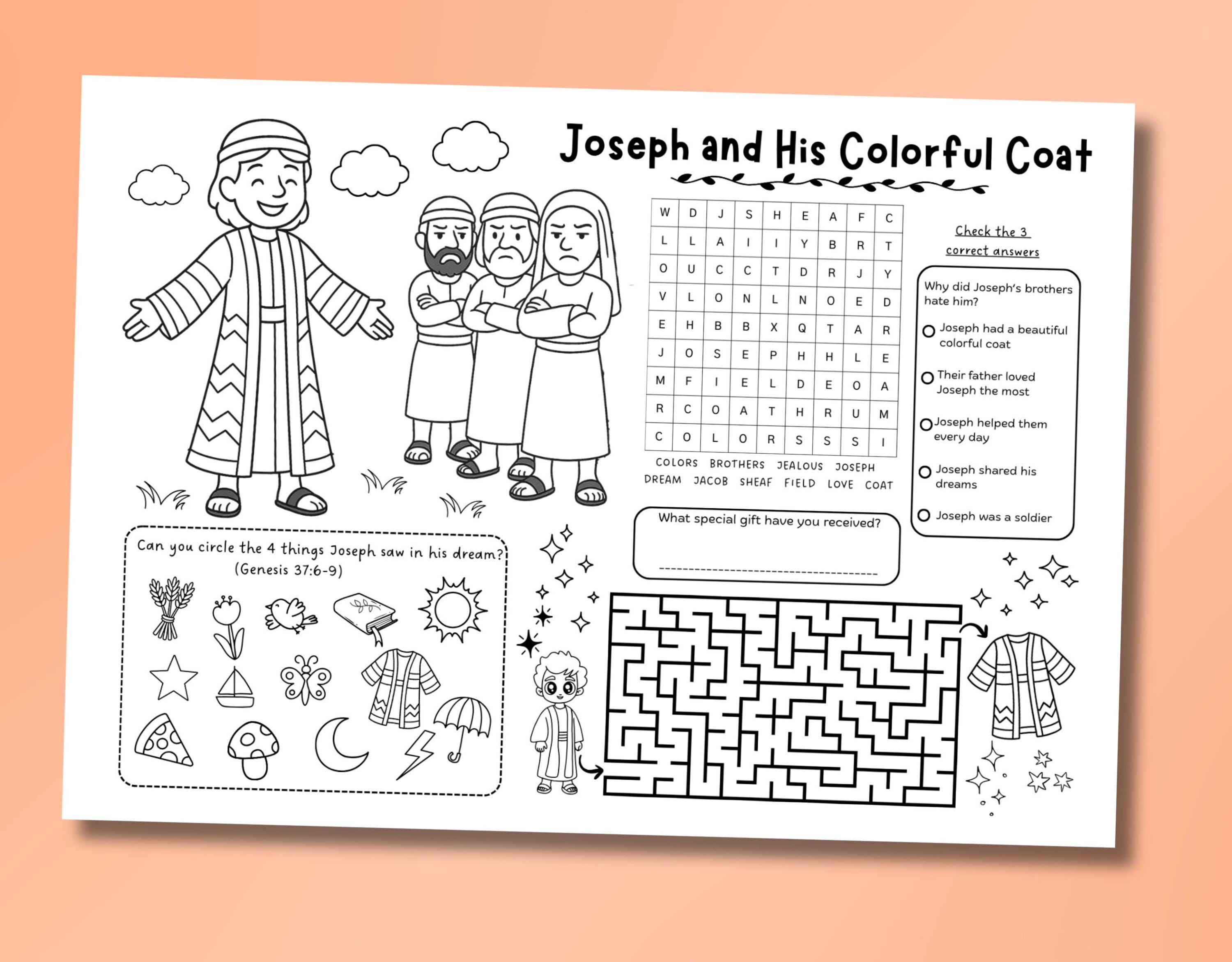 Joseph and His Brothers Bible Activity Sheet: Sunday School