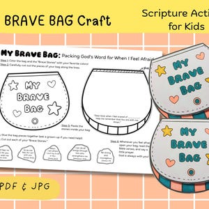 May include: A printable craft activity for kids, featuring a bag design labeled "MY BRAVE BAG." The design includes stars, hearts, and the text "MY BRAVE BAG." Instructions and "Brave Stones" are also included. The words "PDF & JPG" are at the bottom.
