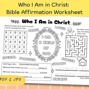 Puede incluir: Hoja de trabajo de afirmación bíblica en blanco y negro con el texto "Who I Am in Christ". Incluye un laberinto, juegos de palabras y la frase "I am a child of God". La hoja de trabajo está diseñada para colorear.