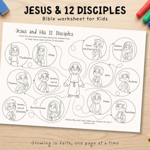 Op de afbeelding: Een wit papieren werkblad getiteld Jesus & 12 Disciples Bible worksheet for Kids met zwarte lijntekeningen van Jezus en twaalf discipelen in cirkels verbonden door stippellijnen, tekstlabels en het vers Mattheüs 4:19.