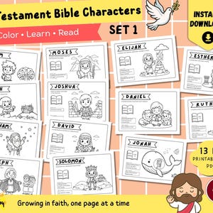 Può includere: Un set di 13 pagine da colorare stampabili intitolato Old Testament Bible Characters Set 1. Ogni pagina presenta un'illustrazione in bianco e nero di un personaggio biblico come Adamo, Mosè o Giona, con testo e riferimenti biblici.