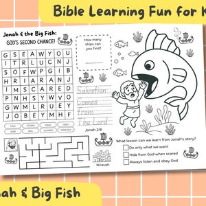 Hoja de actividades de Jonás y la ballena: Historia bíblica y hoja de trabajo para la escuela dominical (Descargar PDF)