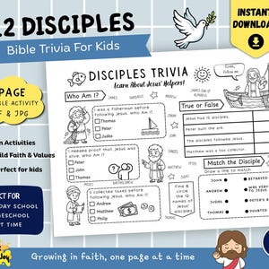 12 Disciples Bible Trivia Worksheet for Kids, Sunday School Printable Activity PDF
