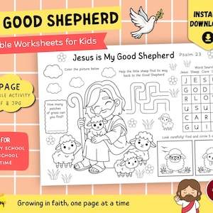 May include: Black and white printable worksheet titled "My Good Shepherd" for children. The worksheet includes a colouring activity, a maze, a word search, and a spot-the-difference game. The image also features a dove and the text "Instant Download."