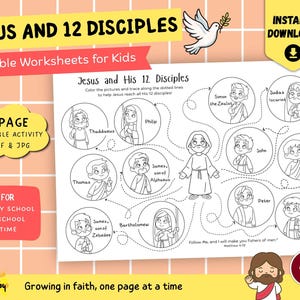 May include: A printable Bible worksheet for kids featuring Jesus and his 12 disciples. The black and white illustration includes the names of the disciples and prompts for coloring and tracing. The image also includes a dove and the text "Instant Download."