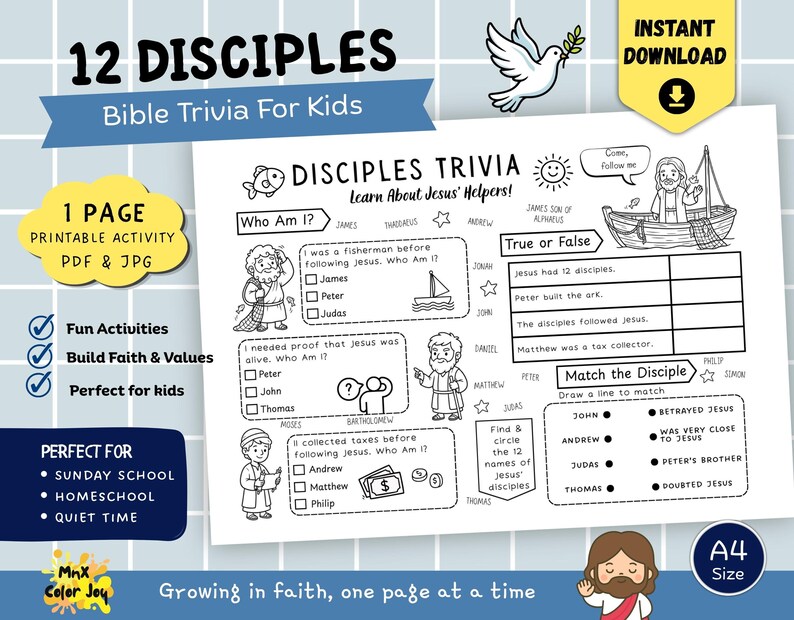 12 Disciples Bible Trivia Worksheet for Kids, Sunday School Printable ...