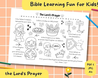 Página para colorear del Padre Nuestro para niños, actividad bíblica imprimible, hoja de trabajo cristiana, diversión para la escuela dominical