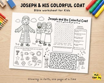 May include: A black and white Bible worksheet titled Joseph & His Colorful Coat for kids. The page features a word search, a maze, a multiple-choice quiz, and a drawing activity with illustrations of Joseph and his brothers in robes.