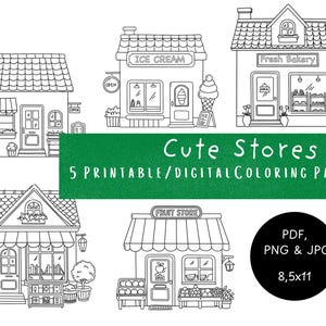Printable Coloring Page Set of 5, Cute Stores Printable and Digital Coloring Page, Perfect for Adults and Kids, Relaxing Coloring Experience