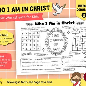 May include: A printable Bible worksheet for kids with the title "Who I Am in Christ." The black and white activity sheet includes a word search, maze, and fill-in-the-blank sections. A dove with an olive branch and the text "Instant Download" are also featured.