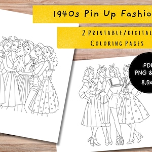 1940er Jahre Pin-Up Fashion Ausmalbilder: Druckbar & digital (PDF, JPG, PNG)