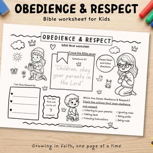 Könnte beinhalten: Ein schwarz-weißes Bibel-Arbeitsblatt für Kinder mit dem Titel Obedience & Respect. Die Seite enthält Strichzeichnungen von Kindern, Kronen und Wolken sowie Textaufforderungen zum Nachspuren von Versen und zum Ankreuzen von Verhaltensweisen.